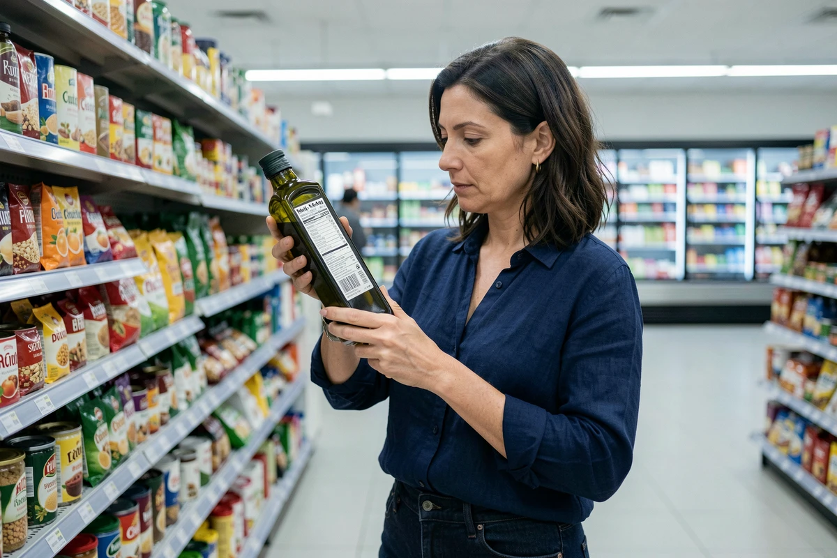 Femme lisant l'étiquette nutritionnelle d'un produit en supermarché pour surveiller son alimentation et sa santé hépatique