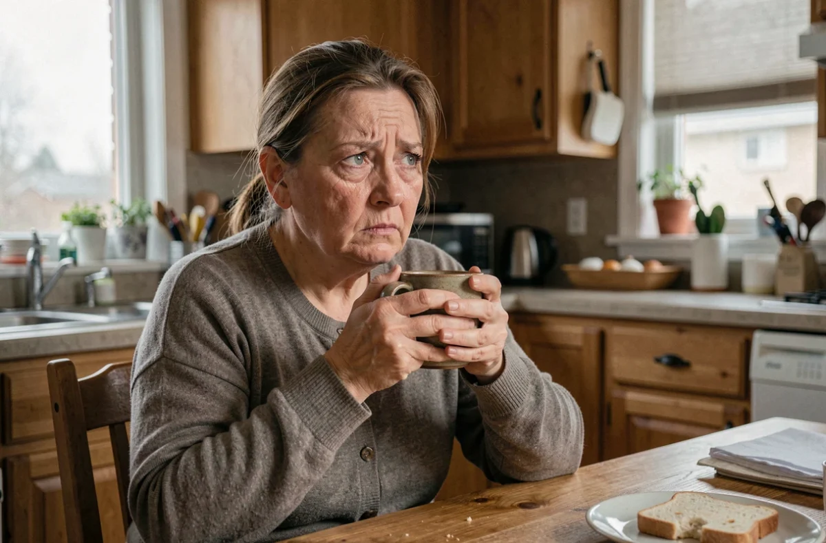 Femme d'une cinquantaine d'années fatiguée et stressée le matin à la cuisine, tenant une tasse de café avec une expression préoccupée