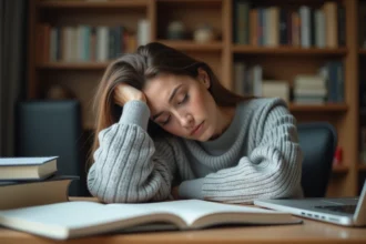 Femme fatiguée assoupie à son bureau, illustrant la fatigue chronique et le manque de sommeil