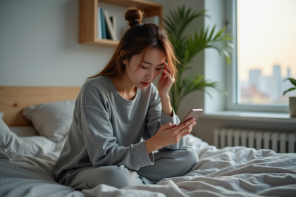 Jeune femme fatiguée dans sa chambre moderne et cozy