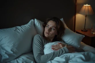 Femme allongée dans son lit la nuit ressentant des fourmis dans le bras gauche, expression d'inconfort