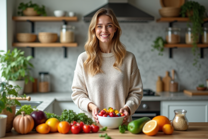 Femme souriante préparant fruits et légumes frais en cuisine