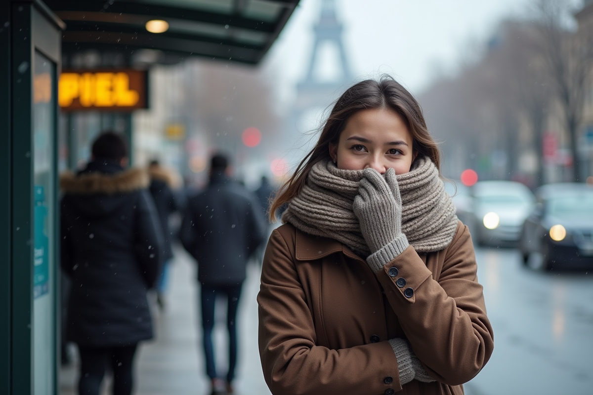Femme en hiver au arrêt de bus dans la ville