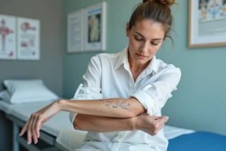 Femme d'âge moyen examine sa peau marbrée à l'hôpital