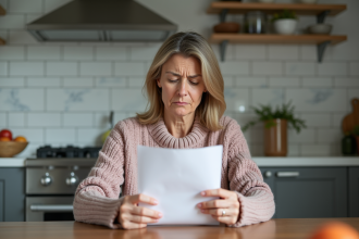 Femme inquiète lisant une brochure sur la sécurité alimentaire