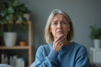 Femme inquiète en pull bleu touchant son menton