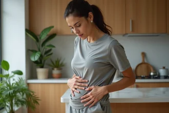 Femme dans la cuisine examine son ventre avec réflexion