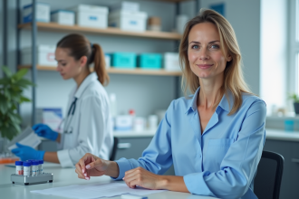 Femme en blouse bleue dans un laboratoire médical