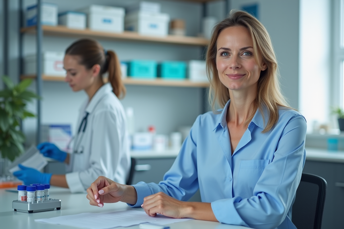 Femme en blouse bleue dans un laboratoire médical