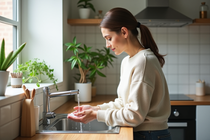Femme lavant ses mains dans la cuisine lumineuse