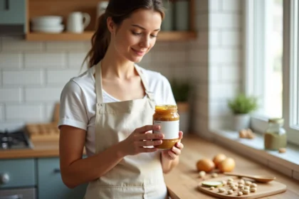 Femme lisant l'étiquette nutritionnelle d'un pot de beurre de cacahuète naturel dans une cuisine moderne