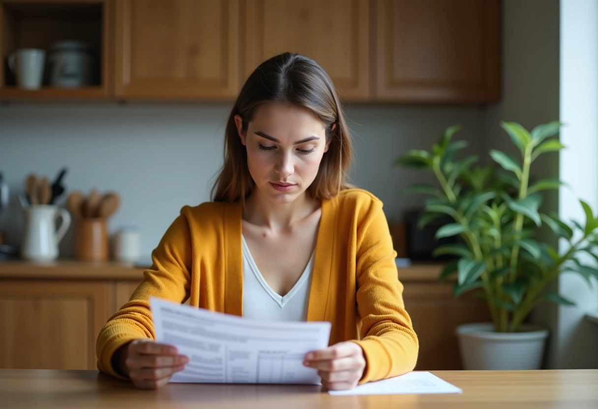 Jeune femme lit un rapport médical dans sa cuisine