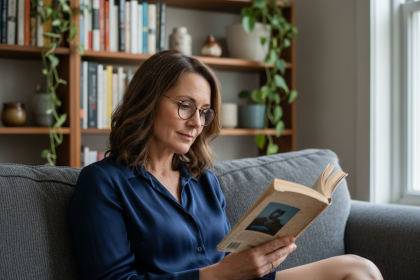 Femme lisant un livre dans un salon moderne et accueillant