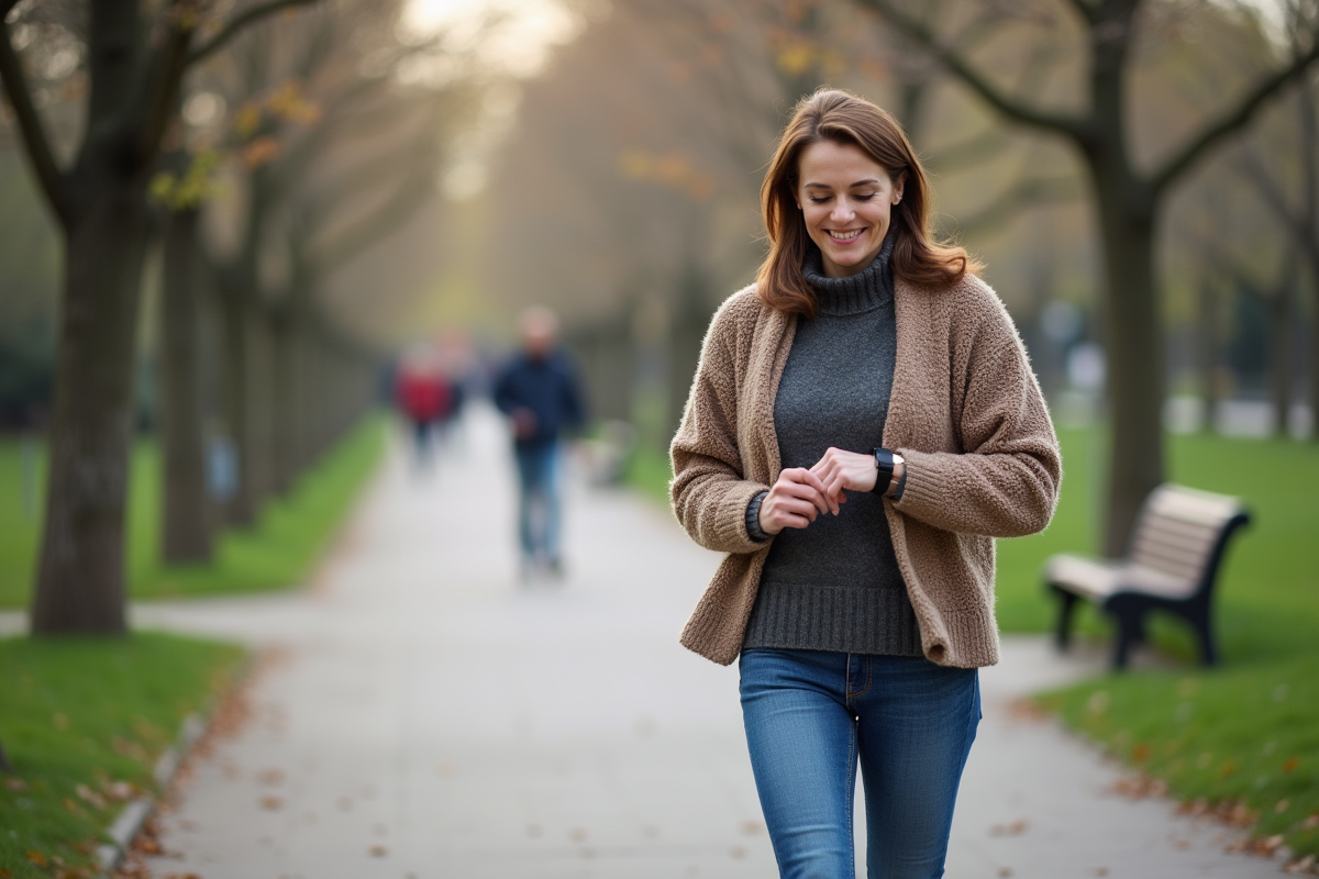 Femme de 45 ans marche dans un parc au printemps