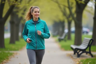 Femme en tenue de sport marche dans un parc urbain au printemps