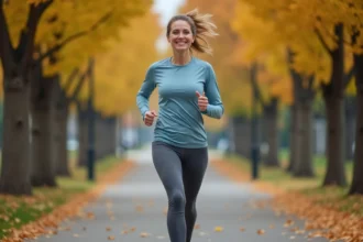 Femme en marche rapide sur un chemin urbain bordé d'arbres en automne, illustrant l'effort physique des 10000 pas quotidiens