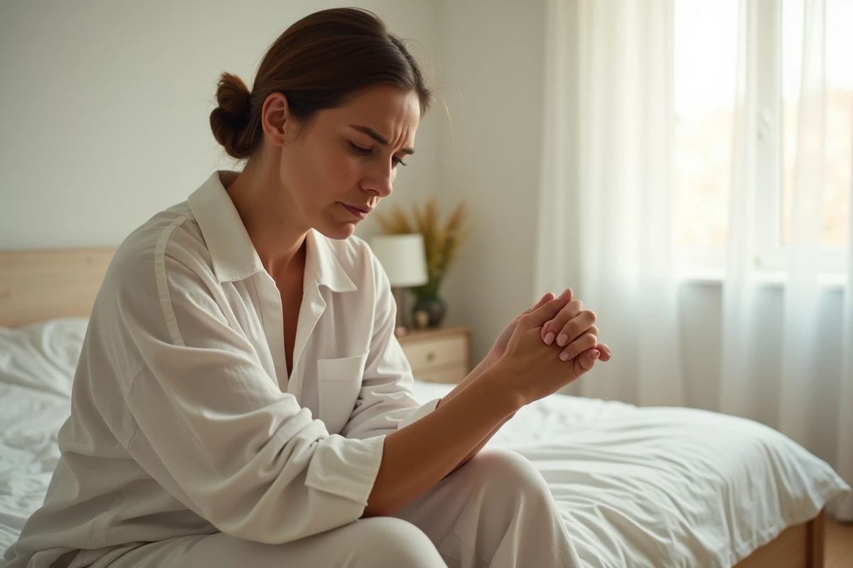 Femme d'âge moyen massant son avant-bras en s'asseyant au bord du lit le matin, signe de paresthésie nocturne