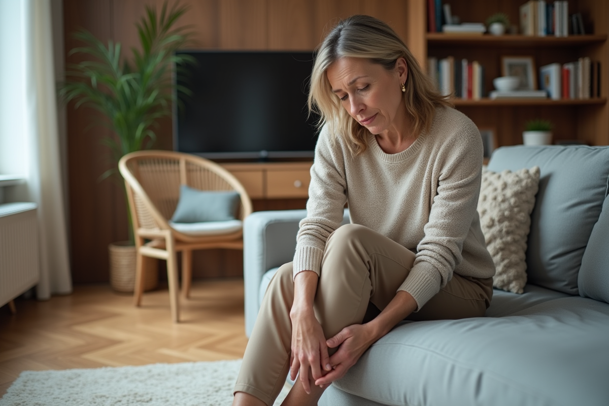 Femme assise sur un canapé se massant les jambes dans un salon moderne