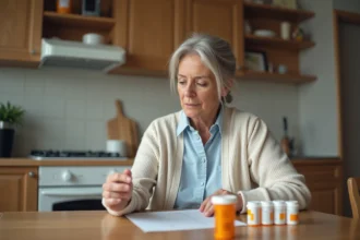 Femme d'âge moyen vérifiant ses médicaments à la maison