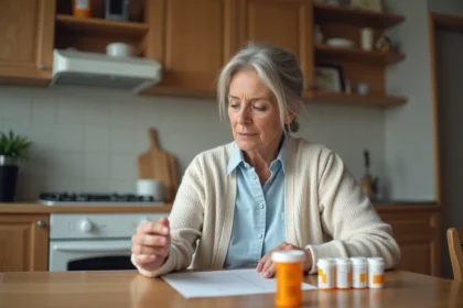 Femme d'âge moyen vérifiant ses médicaments à la maison