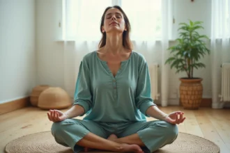 Femme en méditation avec tension visible au niveau de la gorge symbolisant un chakra gorge bloqué