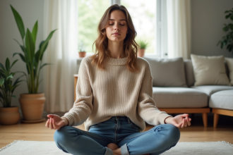 Jeune femme méditant dans un salon cosy et moderne