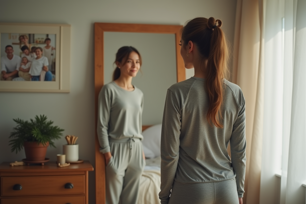Femme en tenue confortable devant un miroir dans sa chambre chaleureuse
