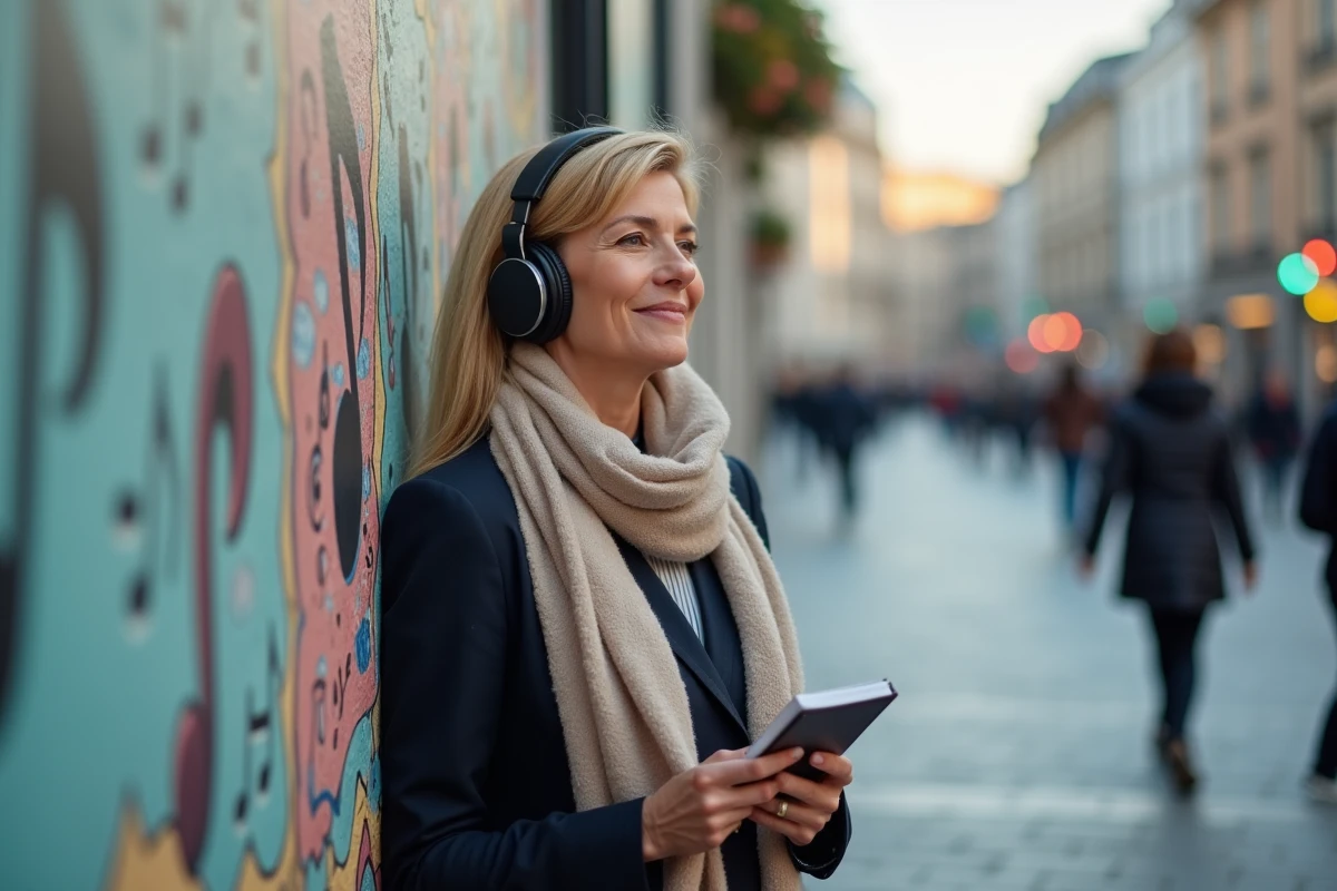 Femme écoutant de la musique près d
