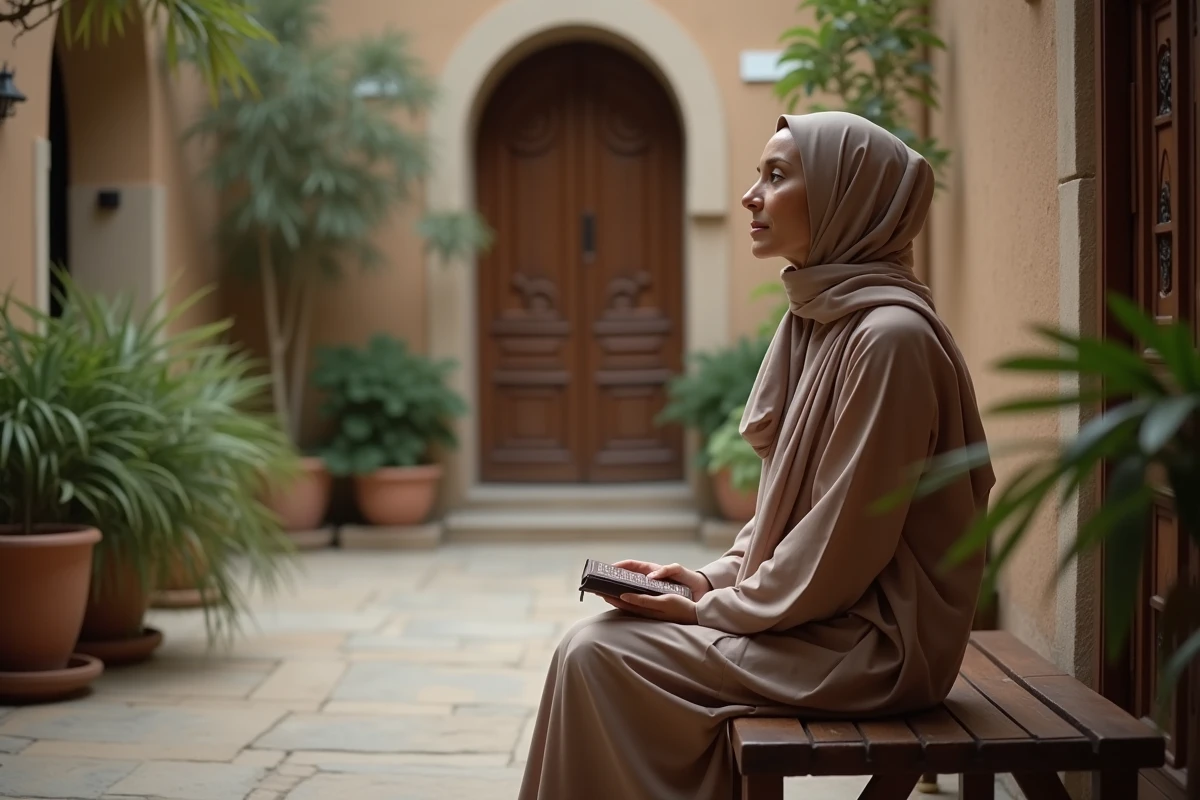 Femme musulmane âgée priant dans une cour intérieure paisible