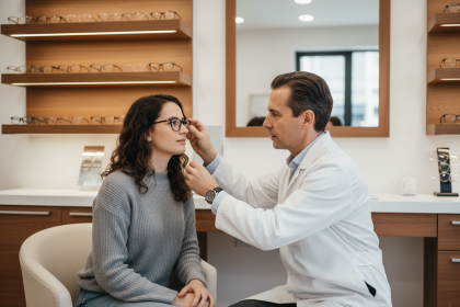 Jeune femme en optique faisant essayer des lunettes