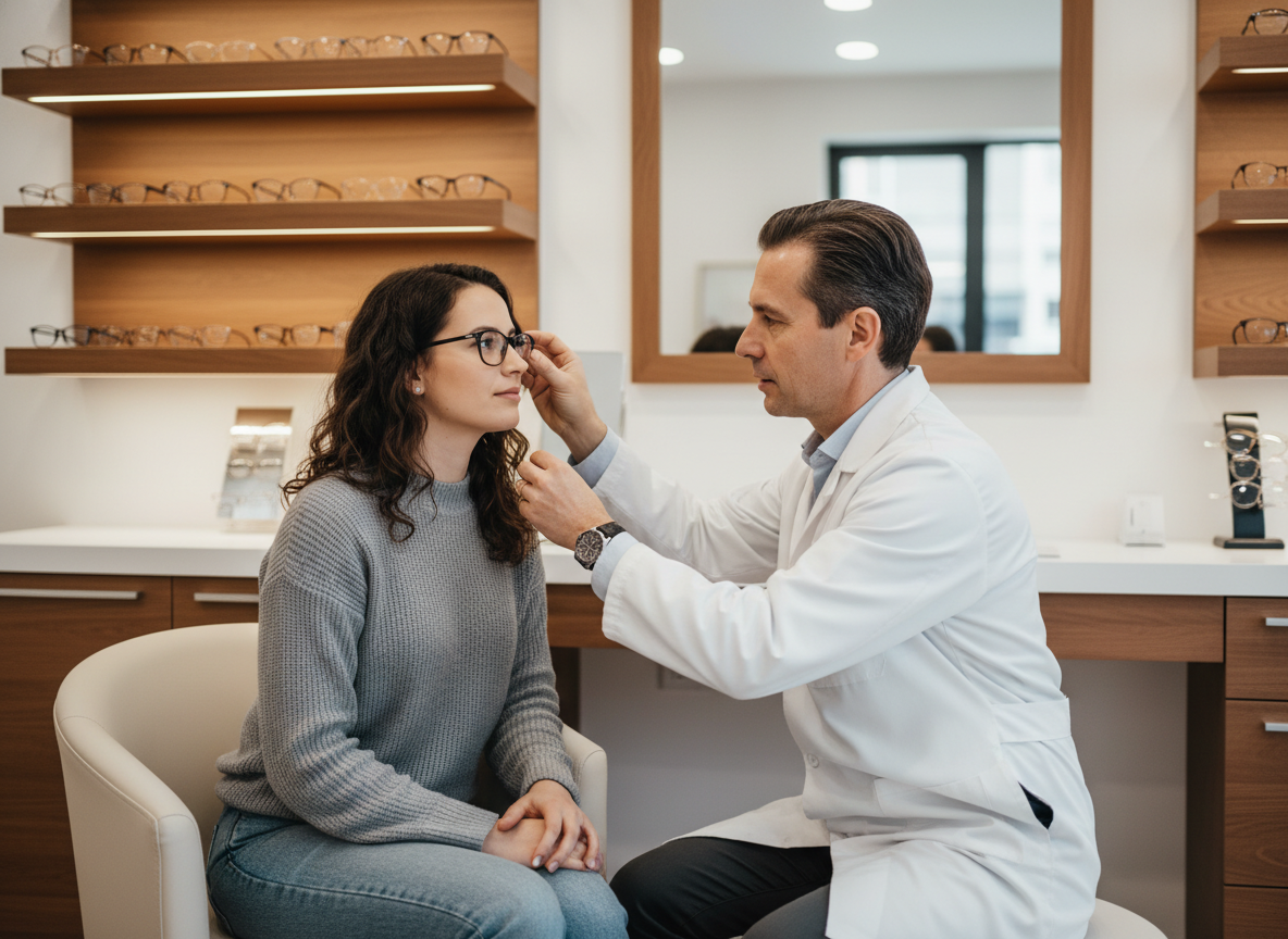 Jeune femme en optique faisant essayer des lunettes