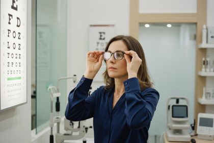 Femme en blouse navy ajustant ses lunettes dans un cabinet d'optometrie