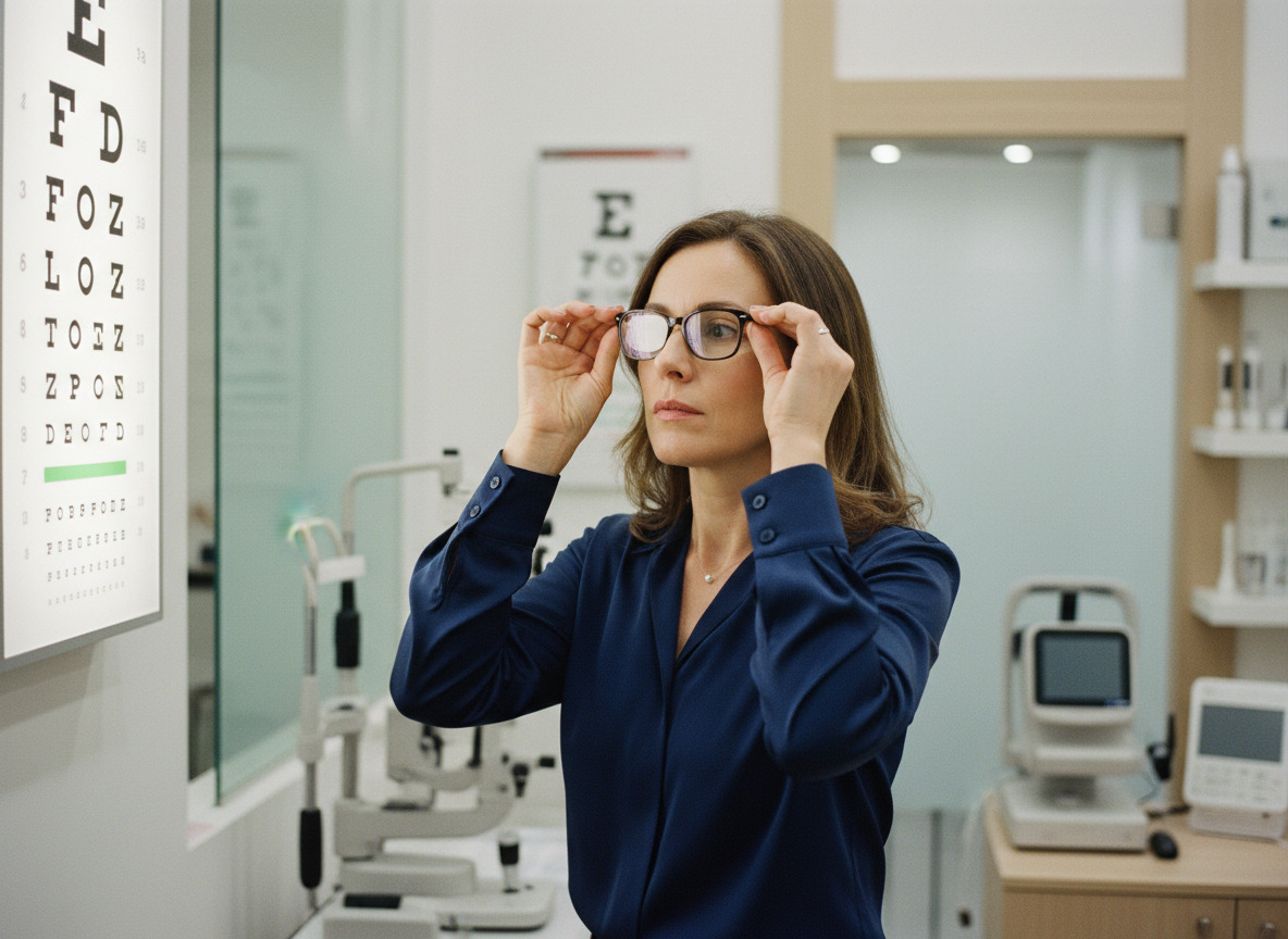 Femme en blouse navy ajustant ses lunettes dans un cabinet d'optometrie