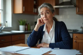 Femme d'âge moyen réfléchissant avec papiers dans la cuisine
