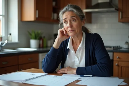 Femme d'âge moyen réfléchissant avec papiers dans la cuisine