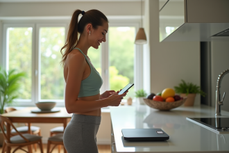 Femme d'âge moyen souriante sur une balance numérique dans une cuisine lumineuse