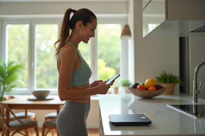 Femme d'âge moyen souriante sur une balance numérique dans une cuisine lumineuse