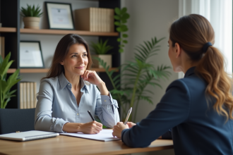 Femme d'âge moyen en entretien avec une psychologue dans un bureau professionnel