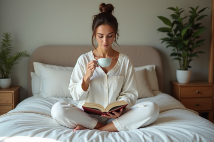 Femme en pyjamas lisant un livre de bien-être