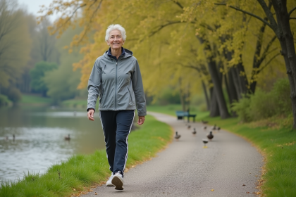 Femme souriante en randonnée printaniere au bord de l'eau