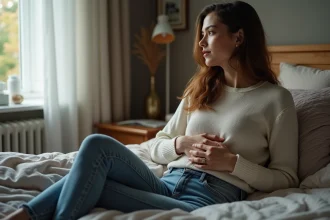 Femme assise sur le lit dans une chambre chaleureuse