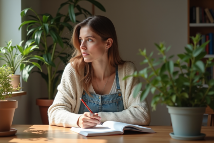 Femme en réflexion dans une cuisine lumineuse et chaleureuse