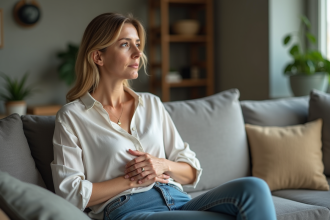 Femme en intérieur pensant dans un salon cosy