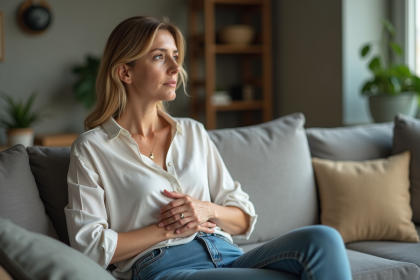 Femme en intérieur pensant dans un salon cosy