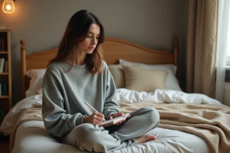 Femme pensant dans une chambre chaleureuse et cosy
