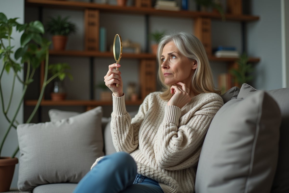Femme réfléchissant dans son salon avec miroir et ambiance calme
