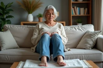 Femme assise sur un canapé avec jambes gonflées en train d'appliquer une serviette fraîche