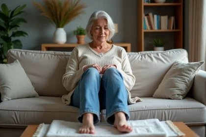 Femme assise sur un canapé avec jambes gonflées en train d'appliquer une serviette fraîche