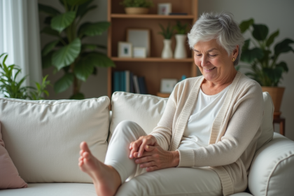 Femme détendue se massant le pied dans un salon cosy