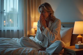 Femme d'âge moyen en pyjama se reposant dans sa chambre